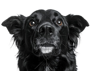 Close up black and white portrait of a black dog with wet fur isolated on transparent background