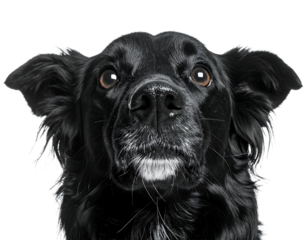 Close up black and white portrait of a black dog with wet fur isolated on transparent background
