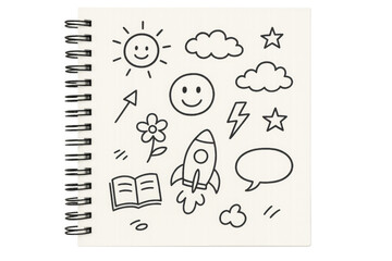 Notebook with hand drawn doodle sketches and transparent background