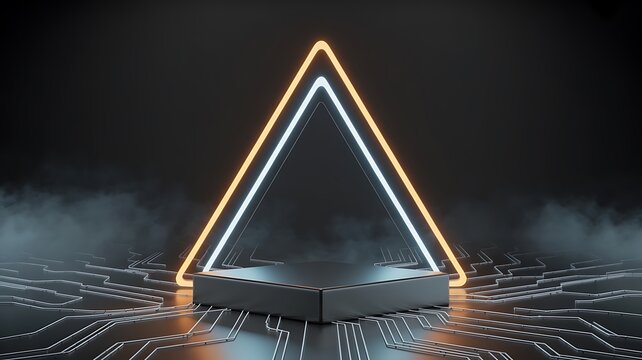 Futuristic Stage with Circuit Board Pattern, Smoke, and Neon Triangle image photo