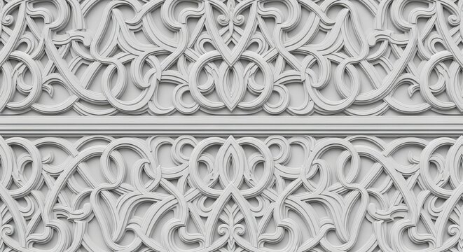 Intricate white floral pattern with arabesque details isolated on white background