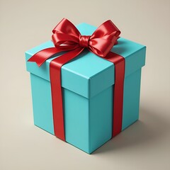 Fototapeta premium Brightly colored gift box with a red ribbon tied around it perfectly, wrapped gift, present box, birthday gift 