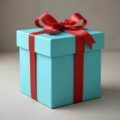 Fototapeta premium Brightly colored gift box with a red ribbon tied around it perfectly, wrapped gift, present box, birthday gift 