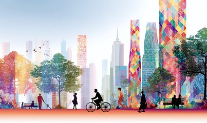 Colorful Urban Cityscape Illustration with Silhouettes of People Cycling and Relaxing in a Vibrant Park, Representing Community and Modern Lifestyle.