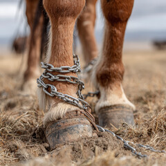 Close-up of a horse's hooves bound by chains, standing on dry grass, highlighting issues of animal restraint and welfare.