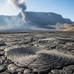 Volcanic eruption with lava flow and smoke plume rising from a rocky landscape