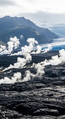 Volcanic landscape with steam vents and a glacier in the background