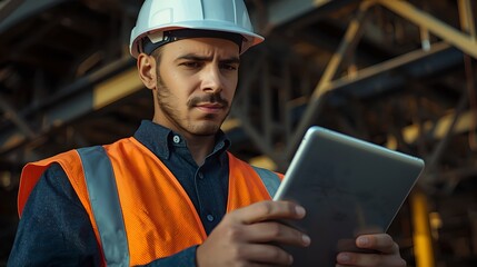Engineer Inspecting Construction Site with Tablet
Description: Professional engineer using digital tablet to review blueprints under bright sunlight at construction site.
