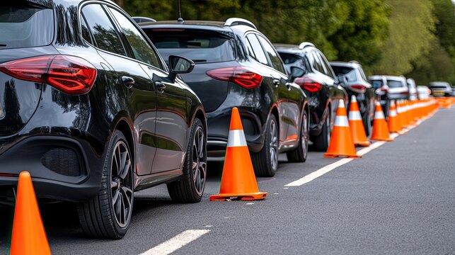 A row of parked vehicles on a wet street, flanked by orange traffic cones and barricades to direct traffic and enhance safety
