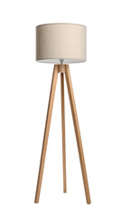 Modern wooden tripod floor lamp with cream shade isolated on transparent background