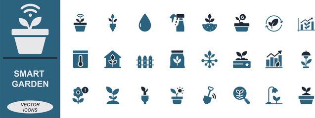 Fototapeta premium Smart garden icon set with plant, soil, water, sensor, seed, eco, greenhouse, growth, compost, and solar symbols. perfect for UI, apps, and eco branding.