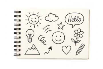 Hand drawn doodle sketch icons on spiral notebook