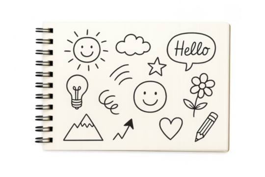 Hand drawn doodle sketch icons on spiral notebook - Powered by Adobe