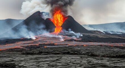 Volcano erupting with lava flowing across the landscape