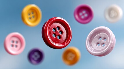 Colorful buttons in various shapes and sizes are floating against a soft blue background, showcasing vibrant hues and intricate details, perfect for sewing projects or creative design concepts