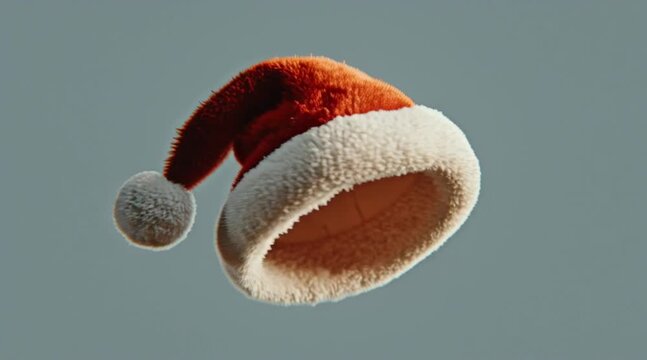 Festive Santa Hat Floating in the Air: An invitingly soft Santa hat, a symbol of yuletide cheer, floats gently against a serene backdrop, evoking a sense of seasonal wonder and anticipation.