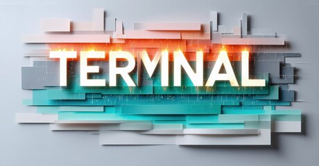 Bright word TERMINAL constructed from colorful rectangular blocks. Background features similar shapes, creating cityscape effect. Modern design.