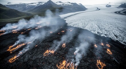 Aerial view of a volcano erupting with lava and smoke near a glacier