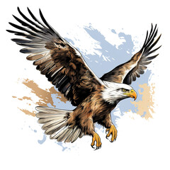 Dynamic illustration of soaring bald eagle with spread wings against watercolor splash background, detailed vector art style. Bird. Wildlife Animals.