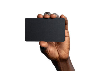 Hand holding a blank black card isolated on transparent background