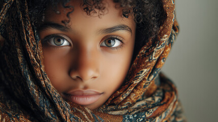 Beautiful young african girl, with big brown eyes and an patterned scarf wrapped around her head, looking at the camera. Portrait of young black african girl. Ethnicity, ethnic themed, colorful fabric