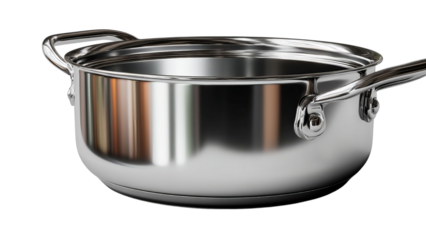PNG of Shiny stainless steel cooking pot with dual handles, reflecting light elegantly.