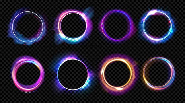 Magic shine. Light portal ring effect. 3D neon fiber glow sphere. Galaxy gradient lightning. Space optical frame. Illuminated vortex sparks. Vector luminous futuristic round borders set