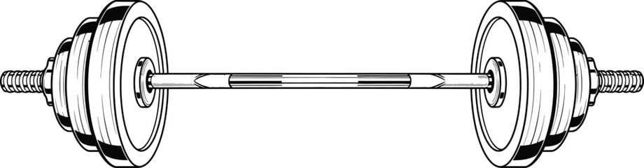 Black and white barbell with weights on a plain background