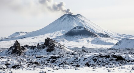 Snowcovered volcano emitting smoke and ash into the sky during winter