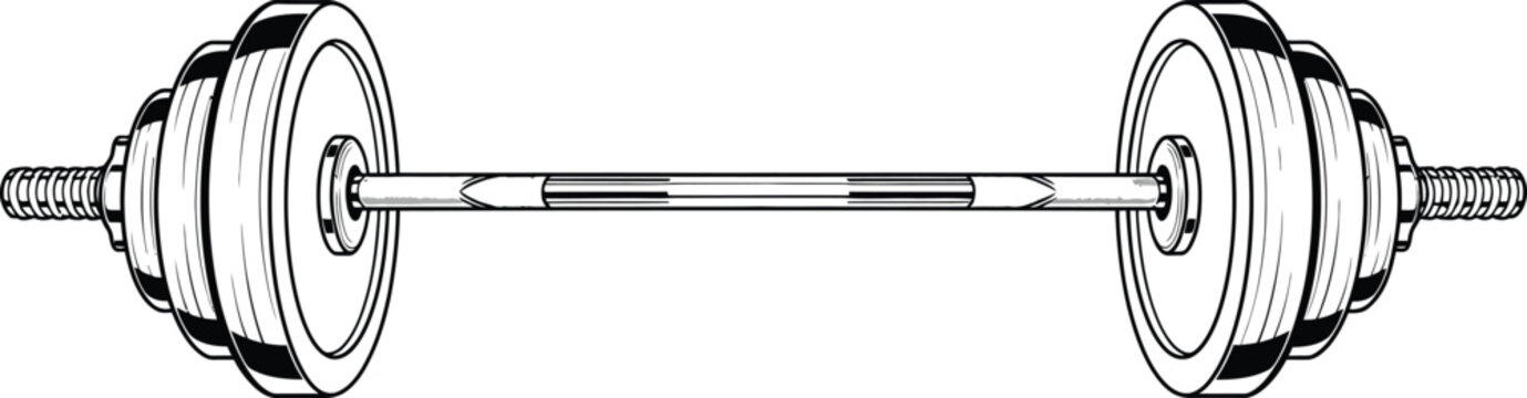 Black and white barbell with weights on a plain background