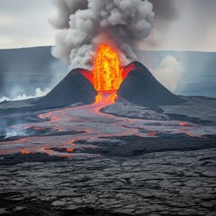 Volcano erupting with glowing lava flowing down its slopes under a cloudy sky