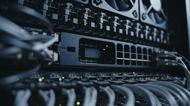 Server hardware failure with sparks and an electrical explosion. Close-up of a processor short circuit in a data center rack. System crash, overload, or cybersecurity attack concept