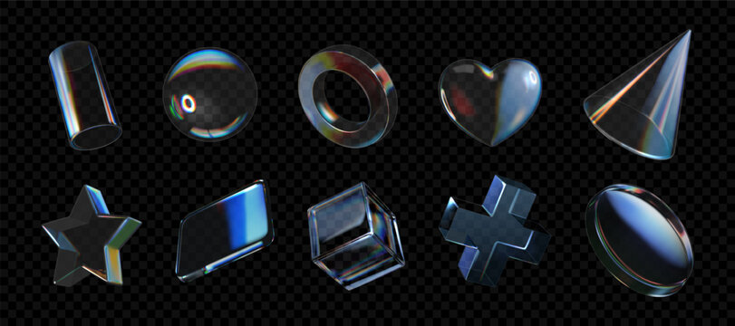 3d glass icons. Abstract star shape, heart and shield, flower gradient elements. Transparent y2k glossy objects. Cube, ball and crystal ring. UI button design. Vector isolated illustration