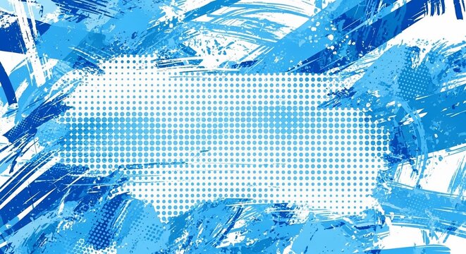 Abstract graphic with bold blue brushstrokes, splatters, and a central dotted area on a white background - Powered by Adobe