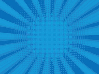 Comic book halftone background. Blue sun pop art retro rays background.