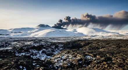 Volcanic eruption with dark ash cloud billowing over snowcovered mountains