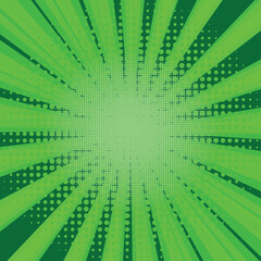 Obraz premium Comic book halftone background. Green sun pop art retro rays background.