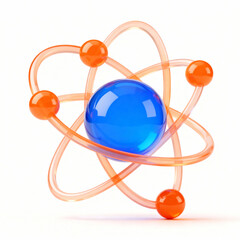  3D Atom Icon. Glassmorphism science symbol for physics and education. Minimalist, glossy translucent illustration isolated on white background.