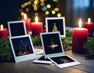 Cozy Christmas memories beautifully displayed with glowing candles, evergreen branches, and festive tree photos evoke warm holiday cheer.