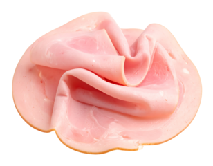 A single slice of cooked ham folded and isolated on transparent background