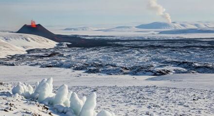Volcanic eruption with lava glow and smoke plume over a snowcovered landscape in iceland