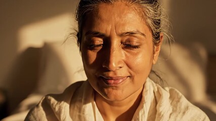 A mature woman opens her eyes and smiles in the warm morning sunlight. Close-up portrait of a senior person practicing mindfulness. Aging gracefully and self-acceptance concept - Powered by Adobe