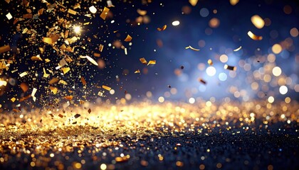 Explosion of golden confetti and glittering lights creates a celebratory, magical atmosphere perfect for any triumph or special occasion.