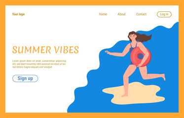 Obraz premium Beach surfers landing page. Summer vacation vibes. Young woman running with lifebuoy. Happy girl sunbathing in swimwear. Seashore travel. Ocean wave surfing. Vector tourism background