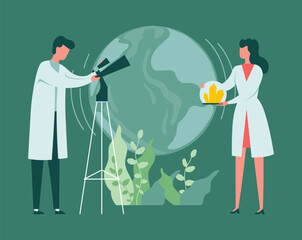 Lab scientists. People conduct experiment. Biology and geology research. Man looking at Earth through telescope. World environment study. Woman with geological minerals. Vector concept