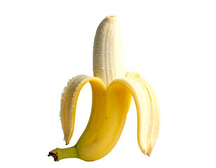 A peeled ripe yellow banana isolated on transparent background