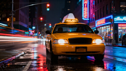Yellow Taxi with Available Sign Driving on Wet City Street at Night