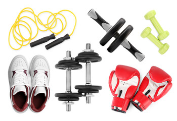 Sports equipment and shoes isolated on white, set