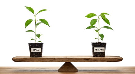 Two small plants, labeled "MALE" and "FEMALE", are balanced on a wooden seesaw, symbolizing equality.