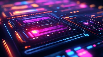 Close up of futuristic circuit board with neon lights isolated on white background